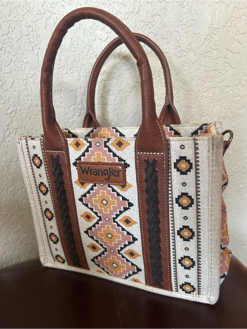 Wrangler Brown & Cream Patterned Tote with Pink and Gold Accents-No Strap